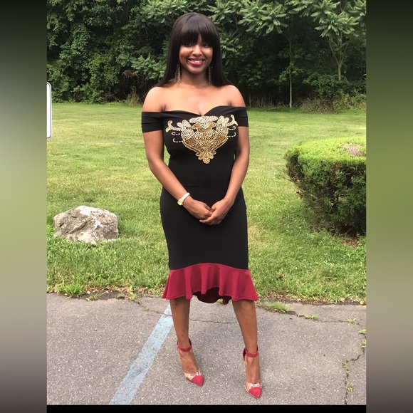 Beaded design midi dress (Black - Wine color ) - Picture 3 of 4